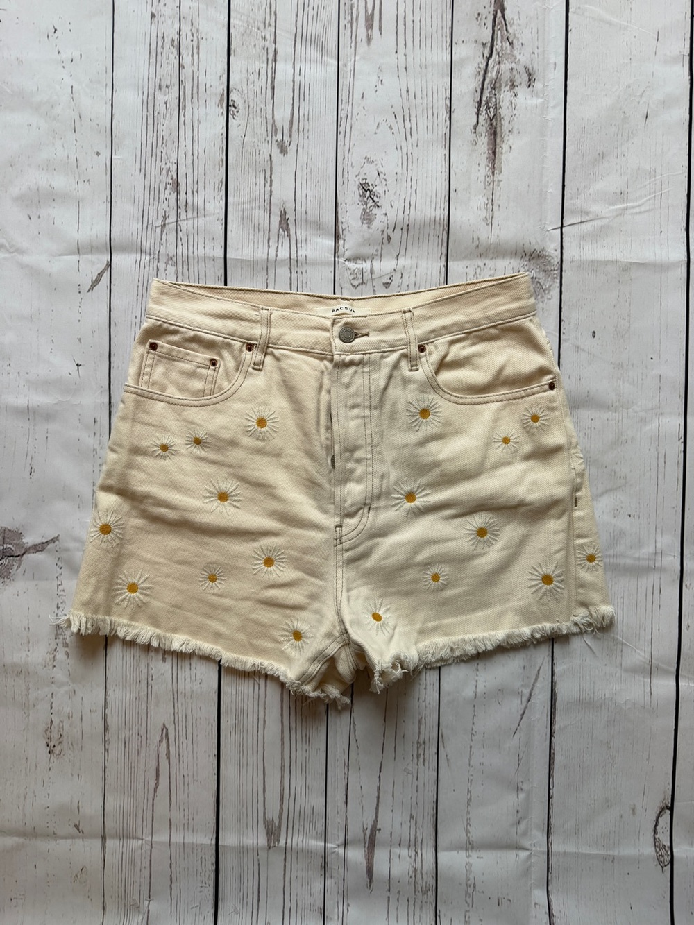 PacSun Cream Daisy Embroidered High-Rise Jean Shorts